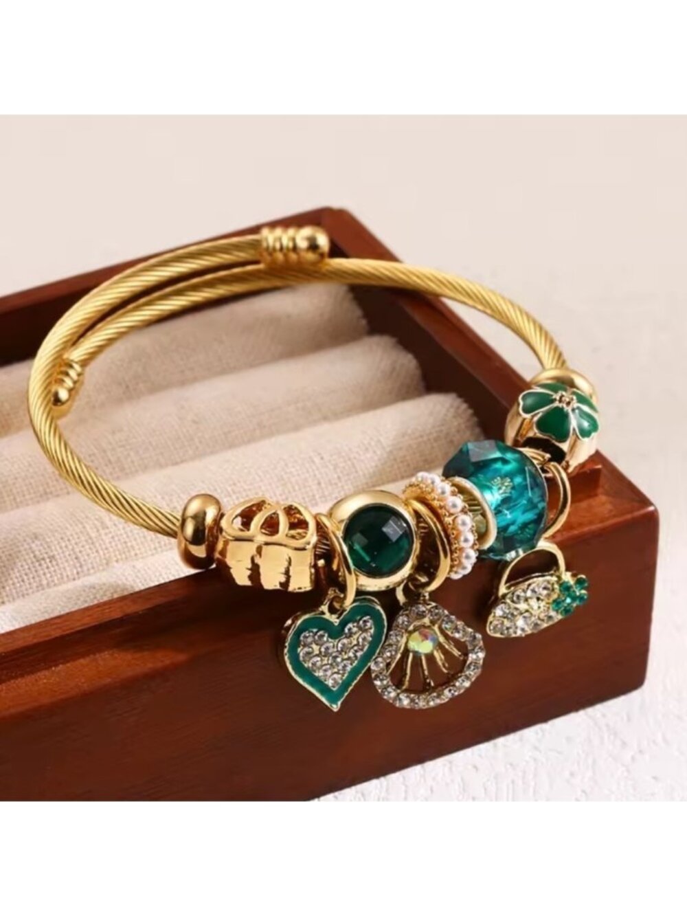 Emerald Charm 18K Gold Stainless Steel Cable Bracelet